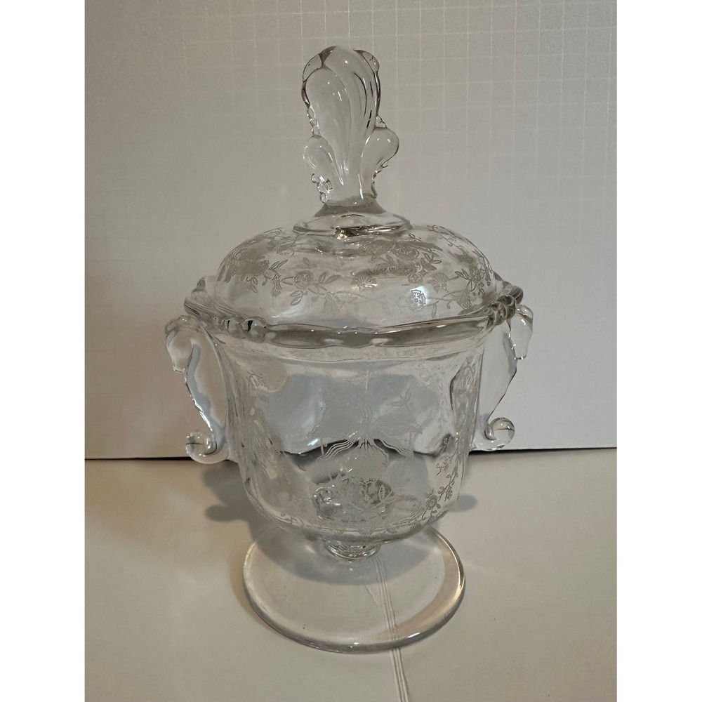 Heisey Orchid Covered‎ Candy Dish Jar Waverly Mold Footed Seahorse Handles
